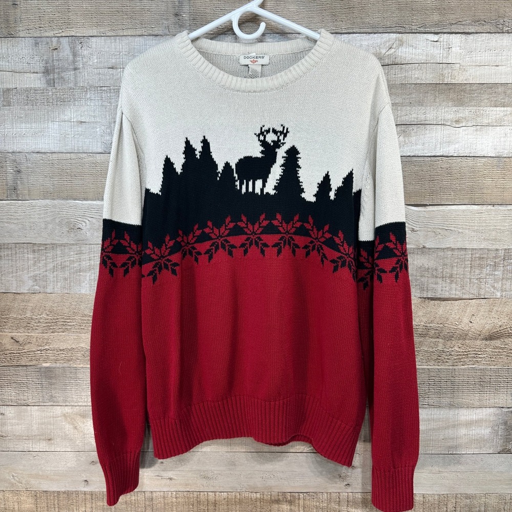 Dockers Mens Red Black Tan Deer Tree Snowflake Sweater Pullover L‎ G